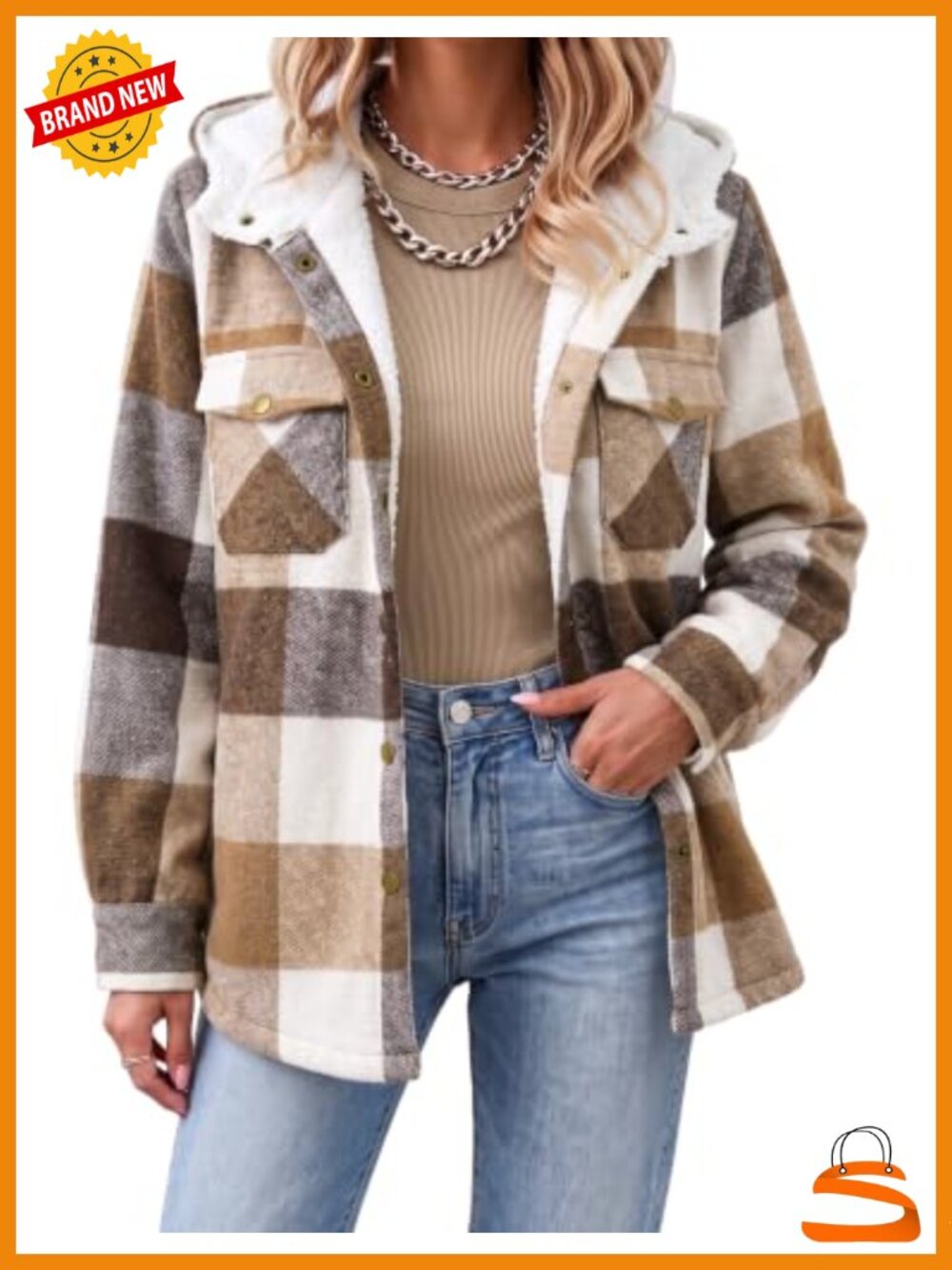 LOMON Women's Plaid Shacket Sherpa Fleece Lined Hooded Coat